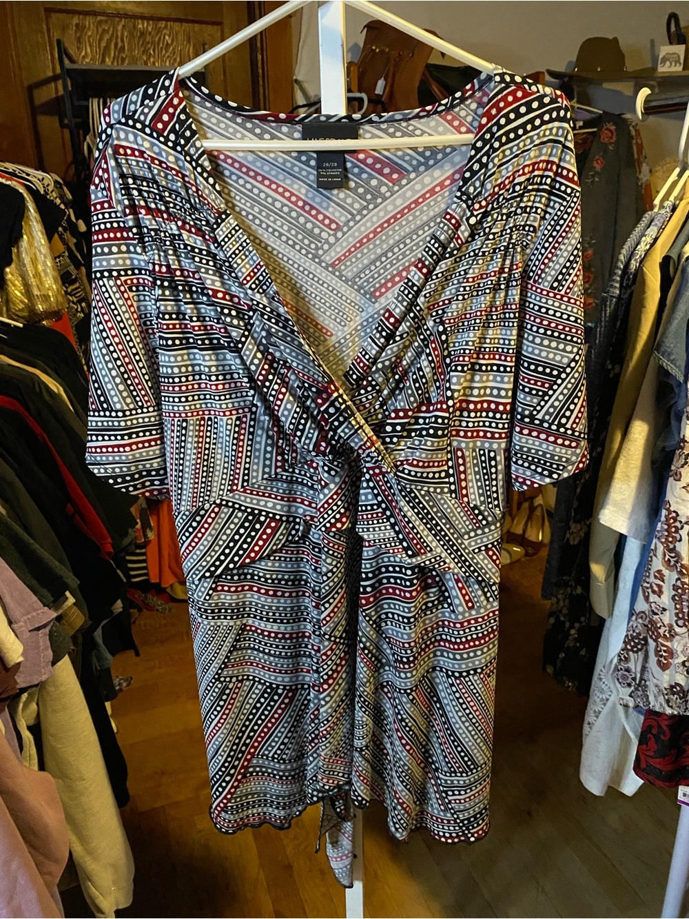 Lane Bryant Black, Red & White Geometric Wrap Top
